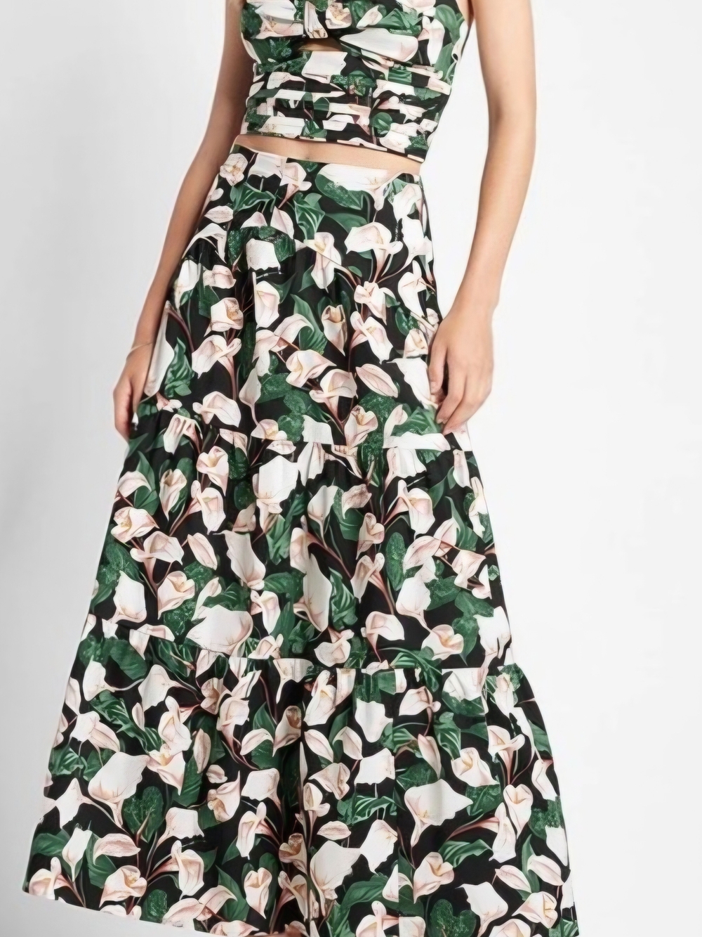 Express Floral Tiered Maxi Skirt And Bandaux Top in Black, Green, Pale Pink